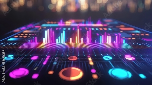 Obraz na płótnie Futuristic Digital Workflow Dashboard Projecting Data Visualizations with Bright Neon Colors and Graphical Elements w salonie