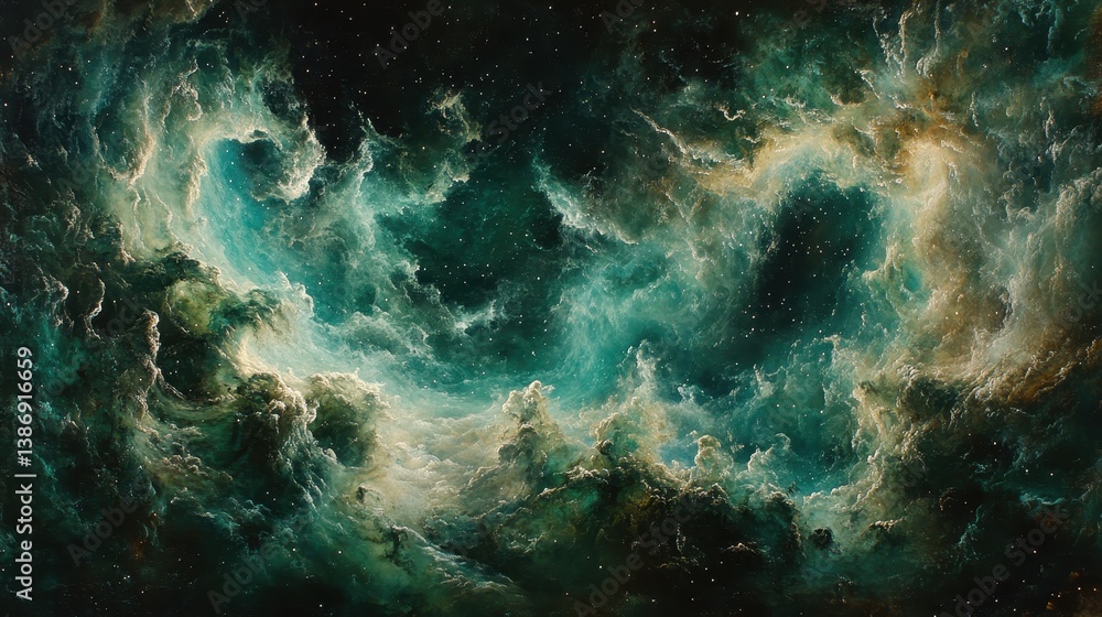 Fototapeta premium Cosmic Nebula swirls, deep space, stellar dust, vibrant colors, art print