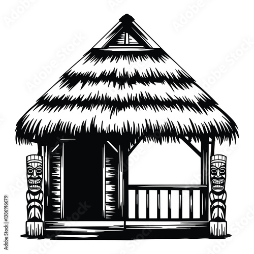 Tiki Hut Home Silhouette, Vector, Icon, Logo, White Background.