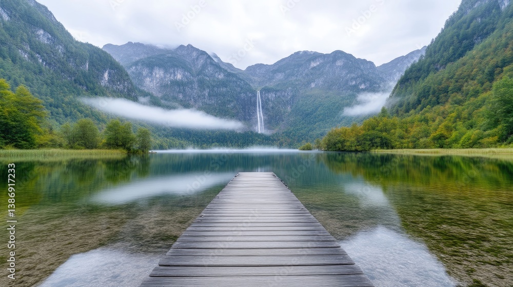 Fototapeta premium Wooden Dock Mountain Lake Serenity High-resolution Still Water Landscape Tranquil View Mountainscape Peaceful Mood Calming Nature Photography extra details included