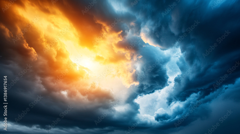 dramatic sky with swirling dark clouds and vibrant orange and blue hues creates striking contrast, evoking sense of awe and wonder dramatic sky with swirling dark clouds and vibrant orange and blue hues creates striking contrast, evoking sense of awe and wonder