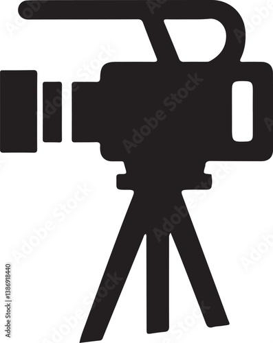 Silhouette vector of a video camera with lens and handle, ideal for filmmaking, videography, broadcasting, video production, and media content creation.