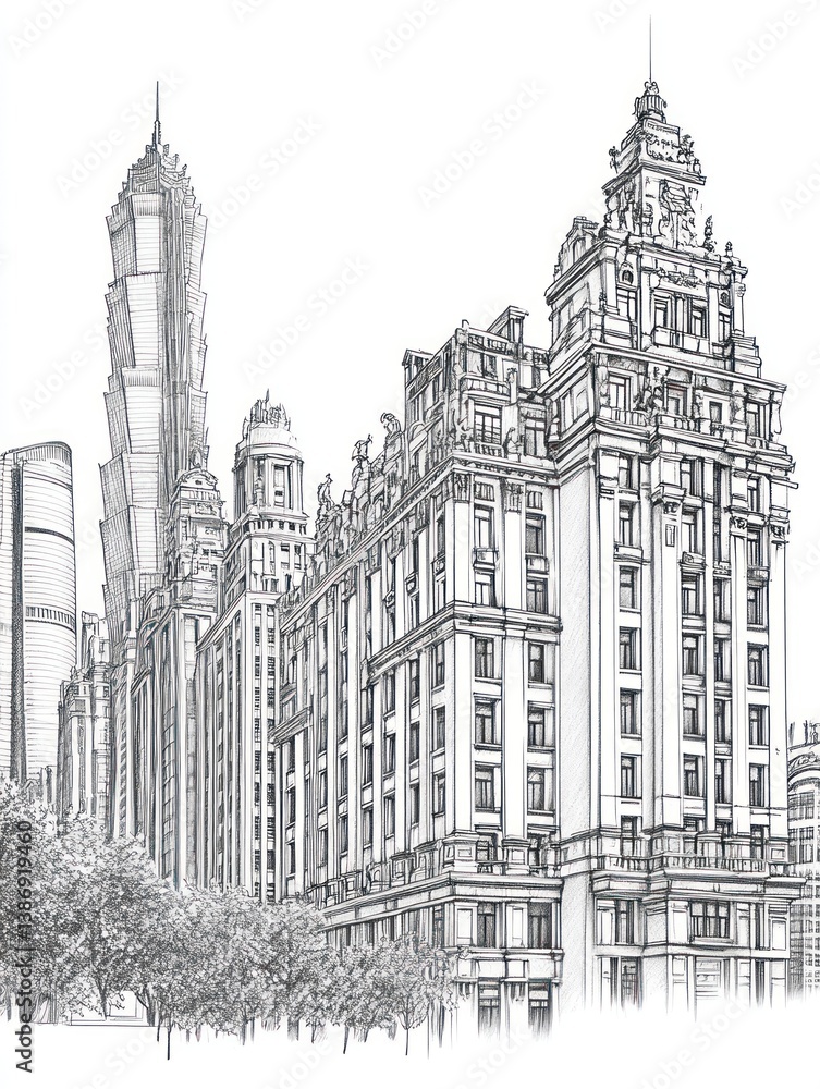 Architectural drawing capturing the beauty of old and modern structures Architectural drawing capturing the beauty of old and modern structures