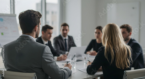 Business Meeting in a Bright Conference Room with Team Collaborating Around a White Table in Suits