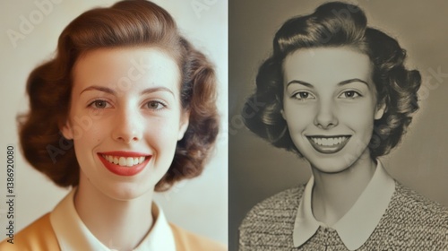 Vintage transformation, Colorized portrait alongside original monochrome