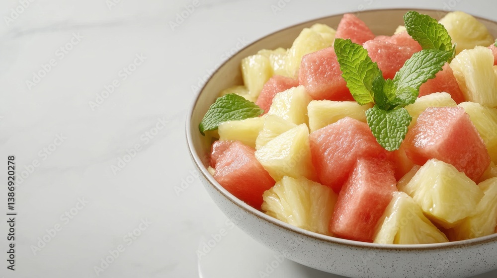 A fresh fruit salad with pineapple, watermelon, and mint. Featuring refreshment and vitality A fresh fruit salad with pineapple, watermelon, and mint. Featuring refreshment and vitality