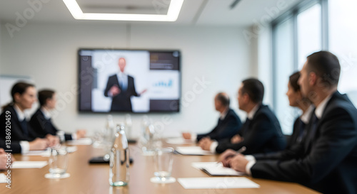 Business Conference Meeting Room in Bright Modern Office with Digital Screen and Wooden Table