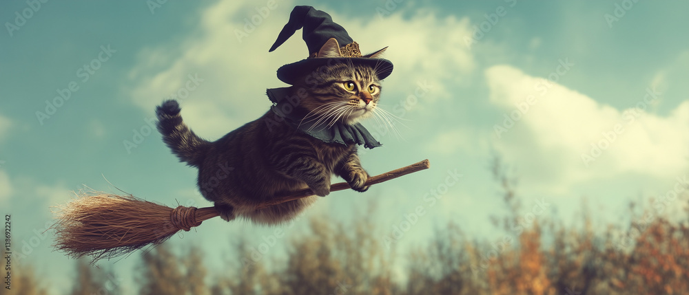 Obraz premium Halloween Cute Kitty Cat Witch Costume on Broomstuck Funny