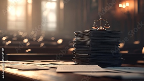 A serene courtroom scene with legal documents and a balance scale symbolizing justice.