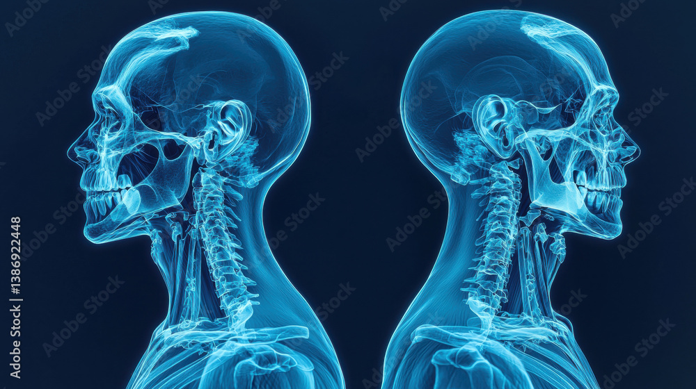 X ray images of two human skulls facing opposite directions highlight effects of aging sarcopenia on bone structure