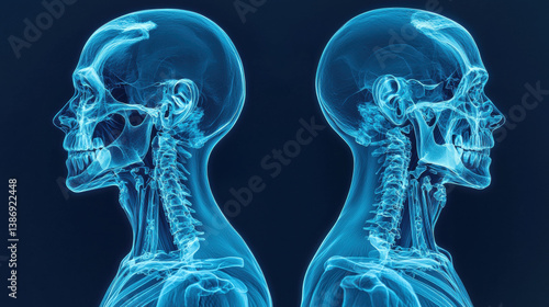 X ray images of two human skulls facing opposite directions highlight effects of aging sarcopenia on bone structure