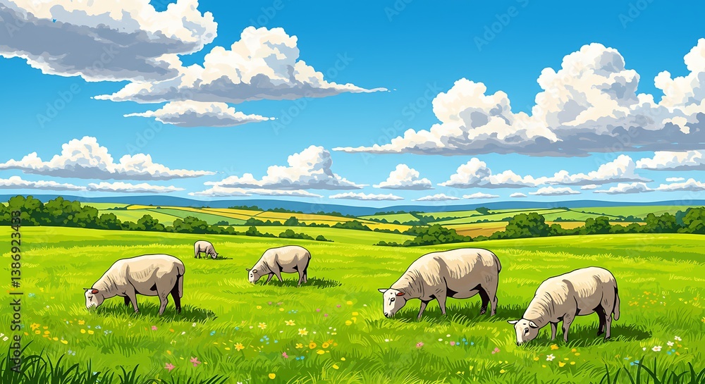 Fototapeta premium Tranquil Summer Day: Digital Painting of Sheep Grazing in a Lush Green Pasture AI Generated