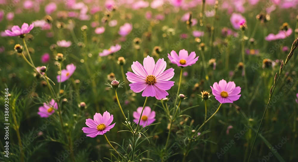 Fototapeta premium Pink Cosmos Field: Soft Light, Gentle Bloom AI Generated