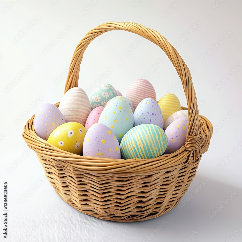 Wicker basket filled with colorful pastel easter eggs with dotted designs for spring holiday celebration Wicker basket filled with colorful pastel easter eggs with dotted designs for spring holiday celebration