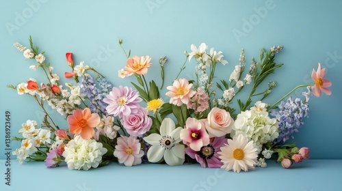 Pastel Spring Flowers Bouquet on Blue Background