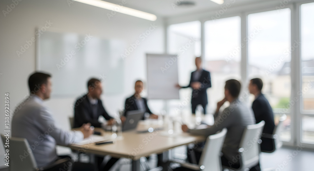 Blurred View of Business Team Brainstorming Meeting Around a Table in Bright Conference Room Blurred View of Business Team Brainstorming Meeting Around a Table in Bright Conference Room