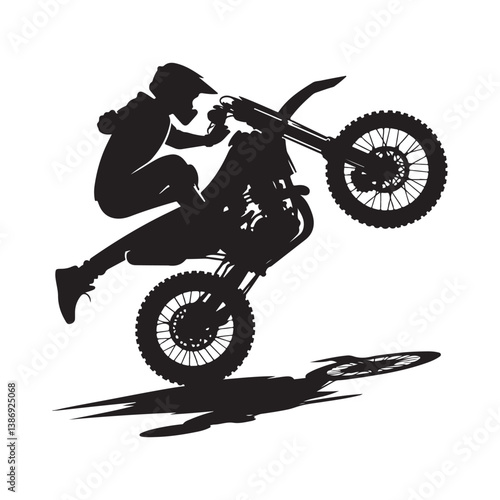 A biker doing freestyle tricks vector. Silhouette of teenagers doing stunts on BMX bikes on a white background
