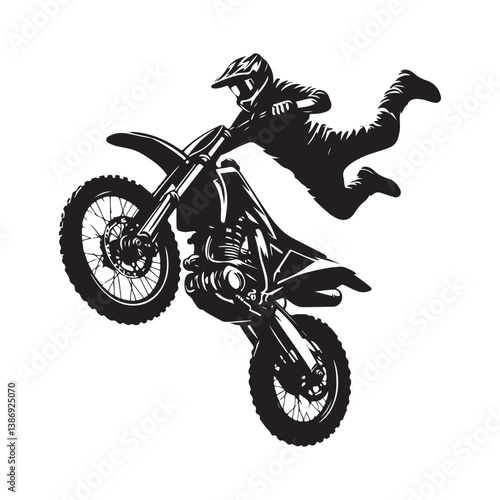 A biker doing freestyle tricks vector. Silhouette of teenagers doing stunts on BMX bikes on a white background