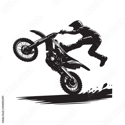 A biker doing freestyle tricks vector. Silhouette of teenagers doing stunts on BMX bikes on a white background