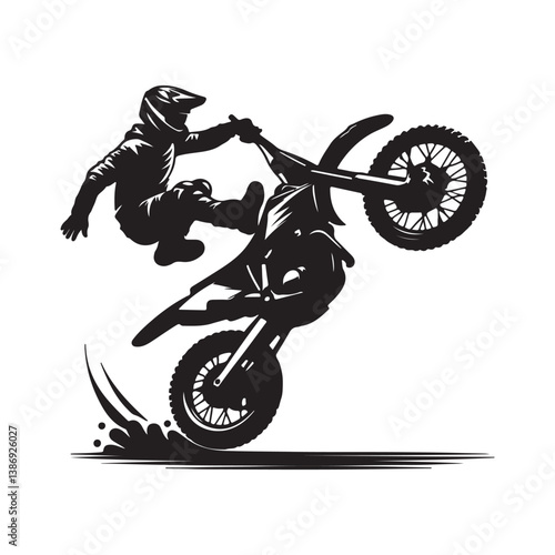 A biker doing freestyle tricks vector. Silhouette of teenagers doing stunts on BMX bikes on a white background