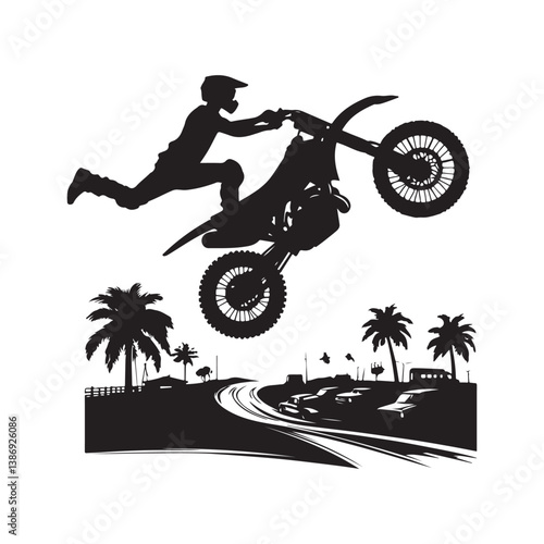 A biker doing freestyle tricks vector. Silhouette of teenagers doing stunts on BMX bikes on a white background