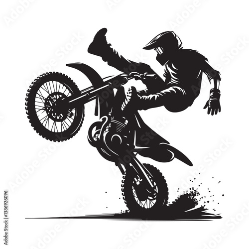 A biker doing freestyle tricks vector. Silhouette of teenagers doing stunts on BMX bikes on a white background