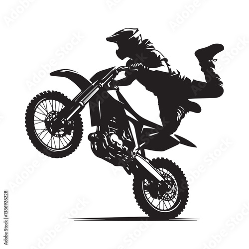 A biker doing freestyle tricks vector. Silhouette of teenagers doing stunts on BMX bikes on a white background
