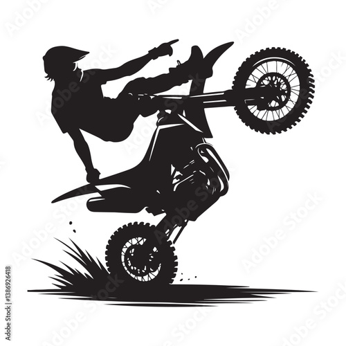 A biker doing freestyle tricks vector. Silhouette of teenagers doing stunts on BMX bikes on a white background