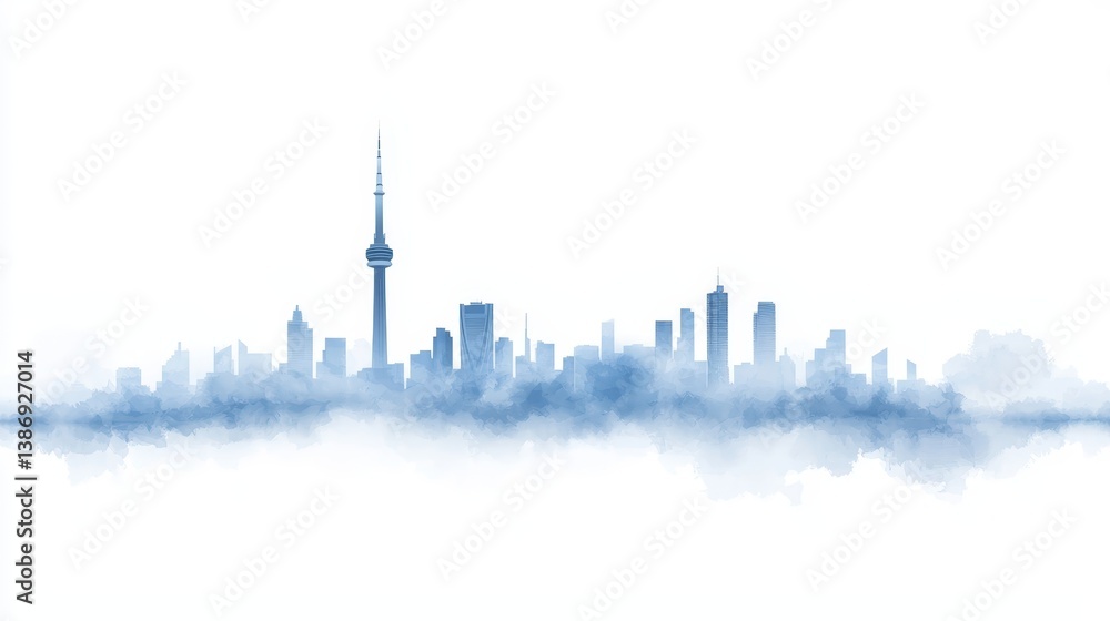 Obraz premium Blue watercolor toronto skyline minimalist cityscape art on white background toronto