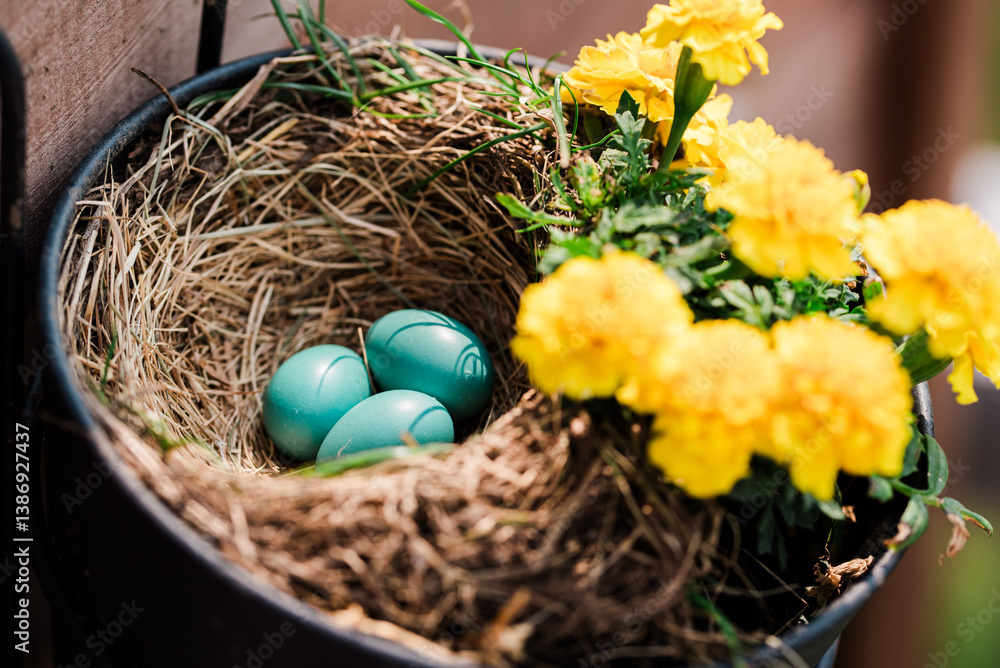 Colorful robin's eggs in a nest surrounded by spring flowers Colorful robin's eggs in a nest surrounded by spring flowers
