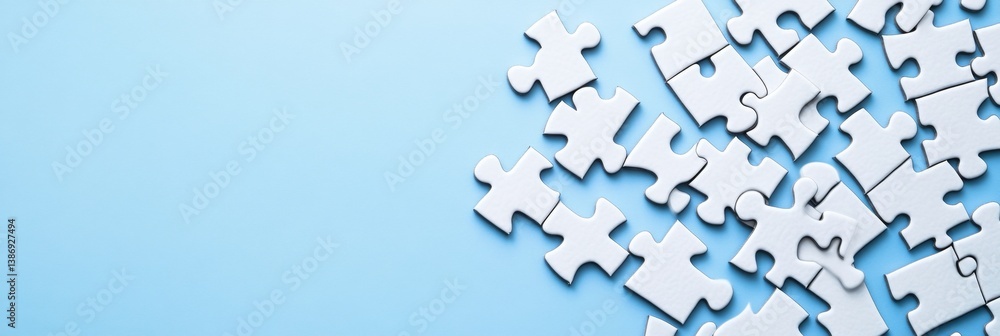 Fototapeta premium Scattered white puzzle pieces on light blue background