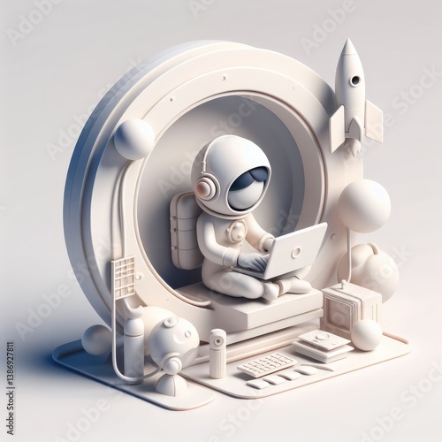 Female Astronaut with Laptop in Space – 3D Round Sci-Fi Illustration