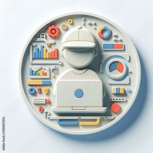 Office Worker with Laptop and Graph Icons – 3D Round Business Tech Illustration