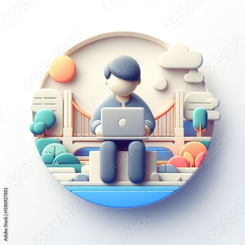 Office Worker with Laptop and Graph Icons – 3D Round Business Tech Illustration