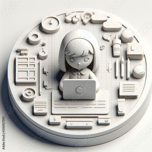 3D Cartoon Girl Working on Laptop Surrounded by UI Icons – Round Tech Illustration