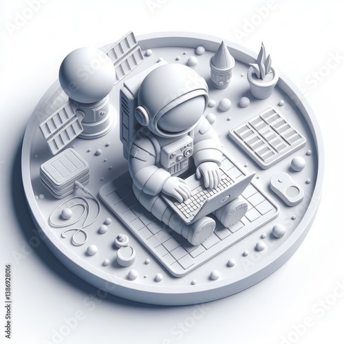 Cute Astronaut Sitting with Laptop in Space Environment – 3D Round Icon for Freelancing & Remote Work