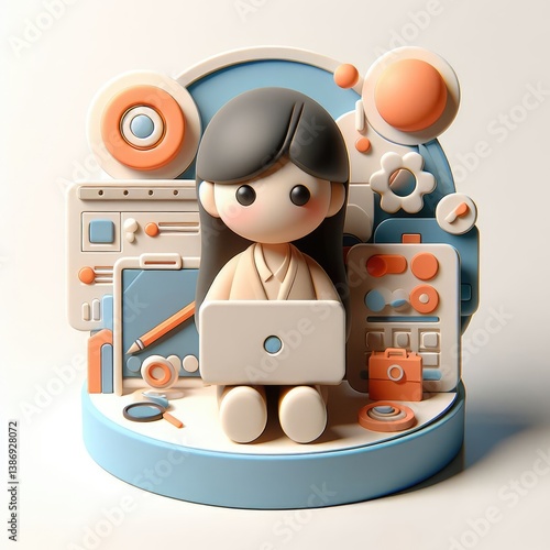 3D character of a girl sitting and working on a laptop, surrounded by digital symbols and interface icons. Clean round composition on white background.