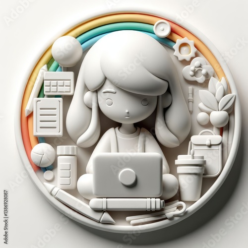3D character of a girl sitting and working on a laptop, surrounded by digital symbols and interface icons. Clean round composition on white background.