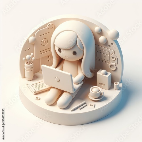3D character of a girl sitting and working on a laptop, surrounded by digital symbols and interface icons. Clean round composition on white background.