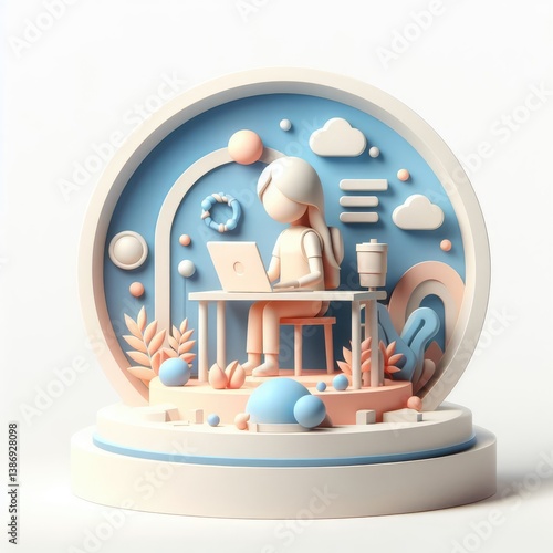 3D character of a girl sitting and working on a laptop, surrounded by digital symbols and interface icons. Clean round composition on white background.