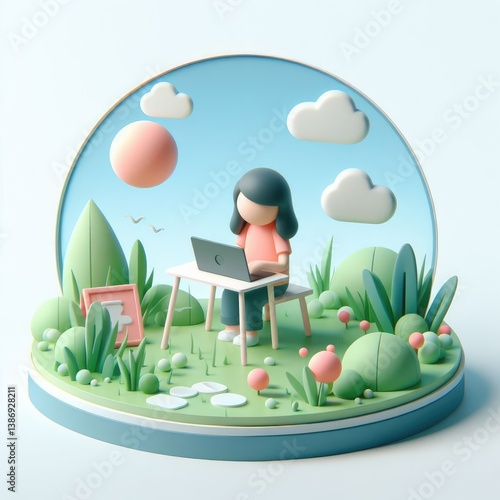 3D character of a girl sitting and working on a laptop, surrounded by digital symbols and interface icons. Clean round composition on white background.