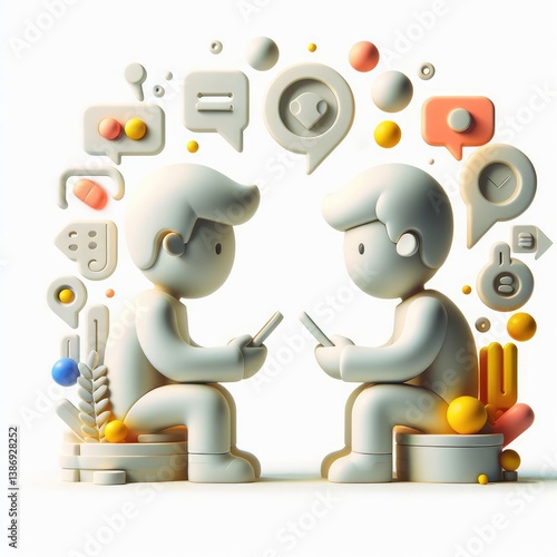 3D round illustration of a boy and girl facing each other, holding smartphones. Surrounded by various communication icons. Symbolizes mobile conversation in a soft and modern visual.