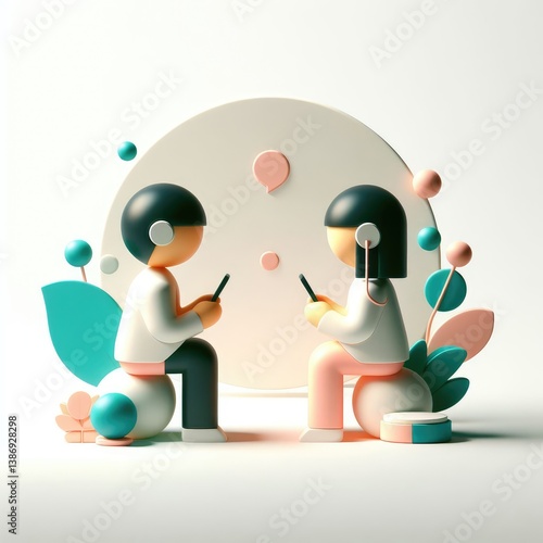 3D round illustration of a boy and girl facing each other, holding smartphones. Surrounded by various communication icons. Symbolizes mobile conversation in a soft and modern visual.