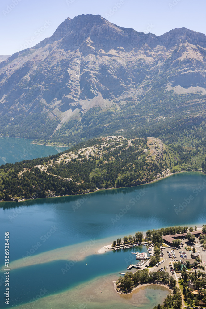 Aerial view of Waterton Park beach and townsite from Bear's Hump