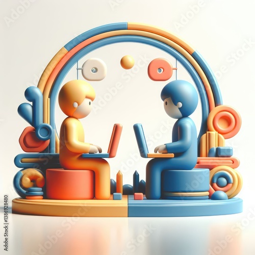 Stylized 3D illustration of a boy and girl sitting opposite each other with laptops, surrounded by collaborative digital icons. Symbol of online teamwork. Clean white round setup.