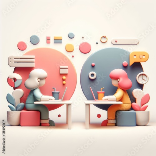 Stylized 3D illustration of a boy and girl sitting opposite each other with laptops, surrounded by collaborative digital icons. Symbol of online teamwork. Clean white round setup.