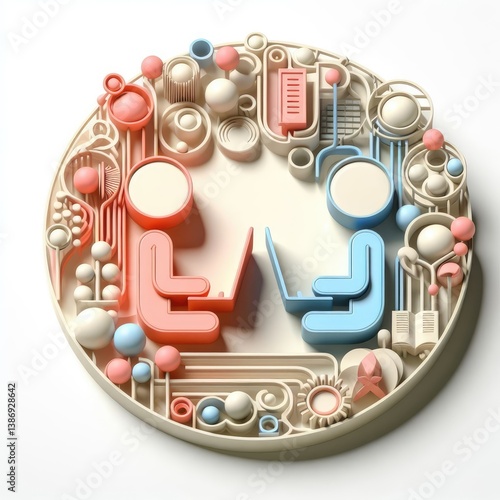 Stylized 3D illustration of a boy and girl sitting opposite each other with laptops, surrounded by collaborative digital icons. Symbol of online teamwork. Clean white round setup.
