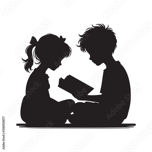 Kids Reading Silhouettes Vector Icon. A boy and girl reading a book silhouette illustration on a white background