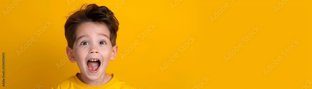 Expressive portrait of young boy with open mouth on vibrant yellow background Expressive portrait of young boy with open mouth on vibrant yellow background