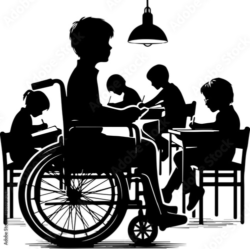 Child in wheelchair drawing at school against classroom background  